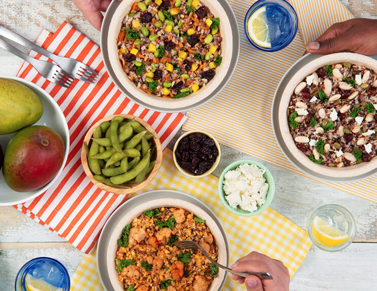 Healthy Choice Power Bowls with fruit and lemon water