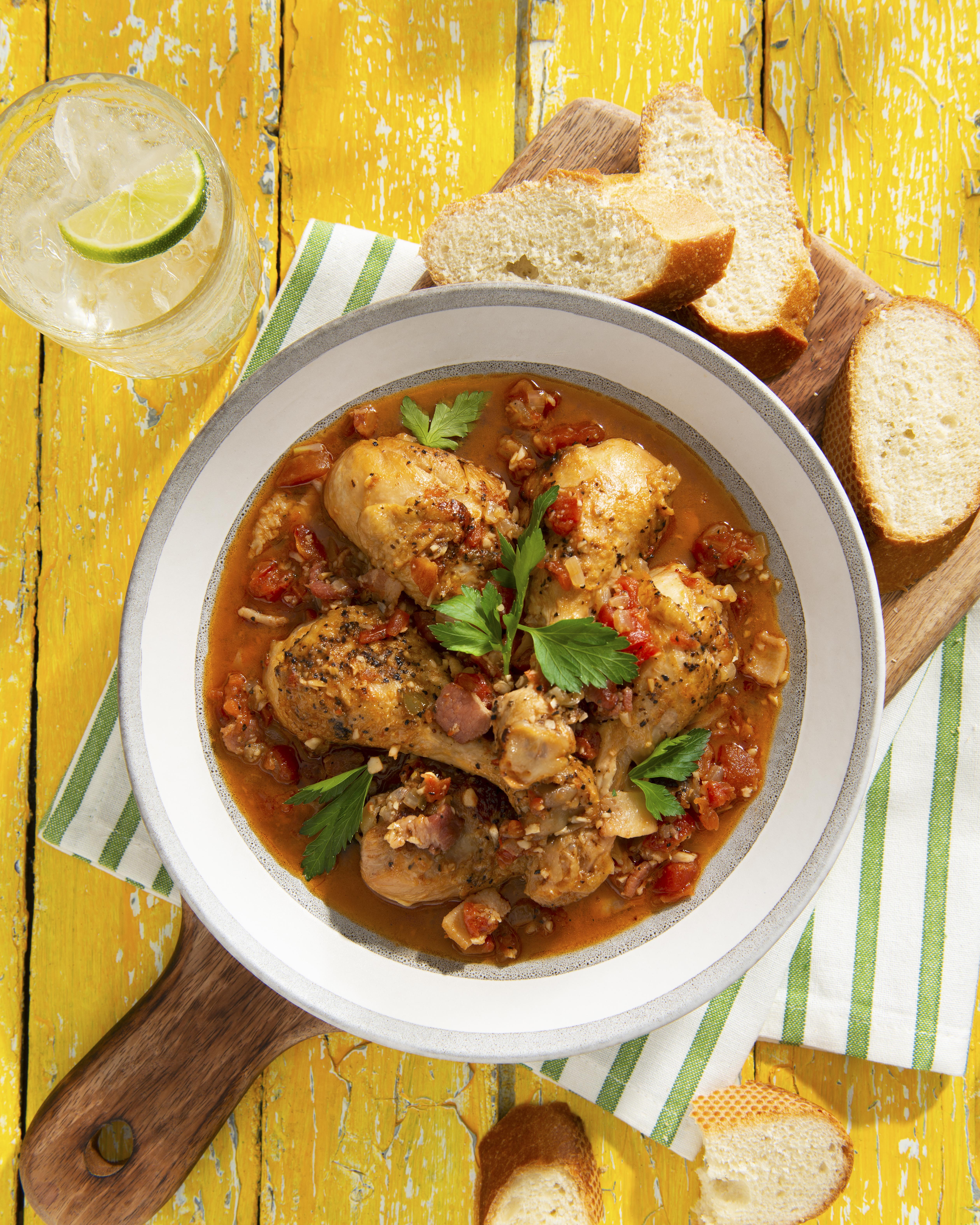 Accented with bacon, this beer-braised chicken delivers delicious flavours that are sure to please.