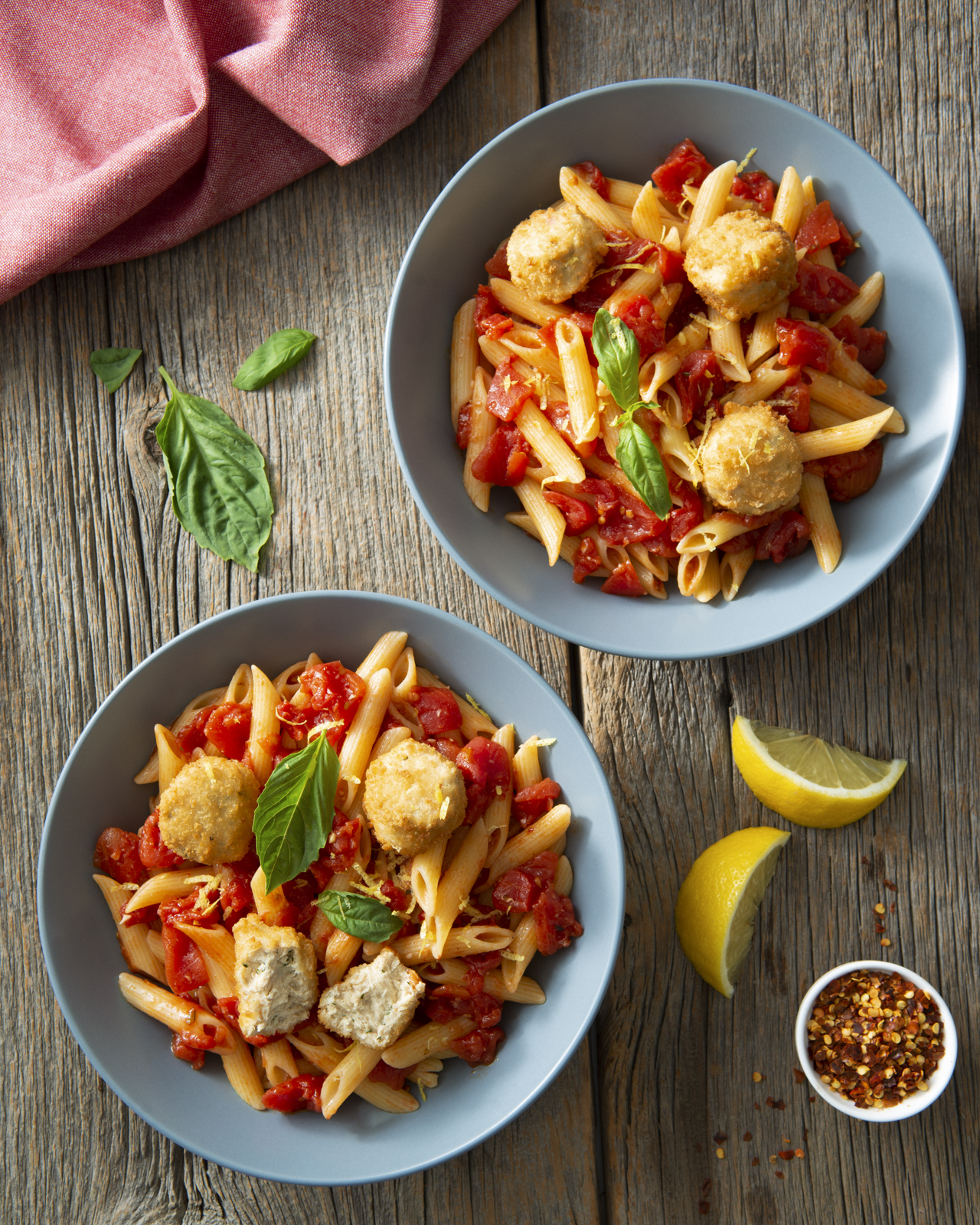 Arrabbiata means “angry” in Italian because of the spicy chili flakes – and Crabless Cakes make for a well-rounded pasta dish that is sure to please.